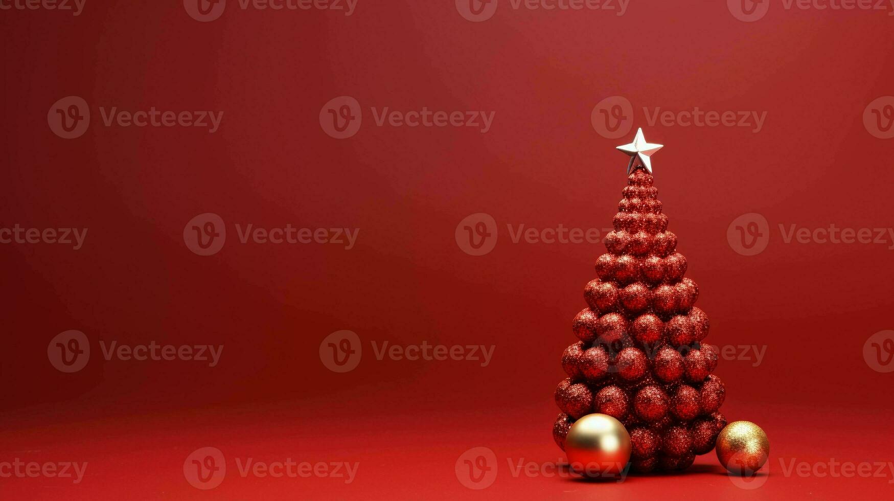 Festive Christmas Decorations and Tree. Minimalist Red Background, Joyful Holiday Atmosphere photo
