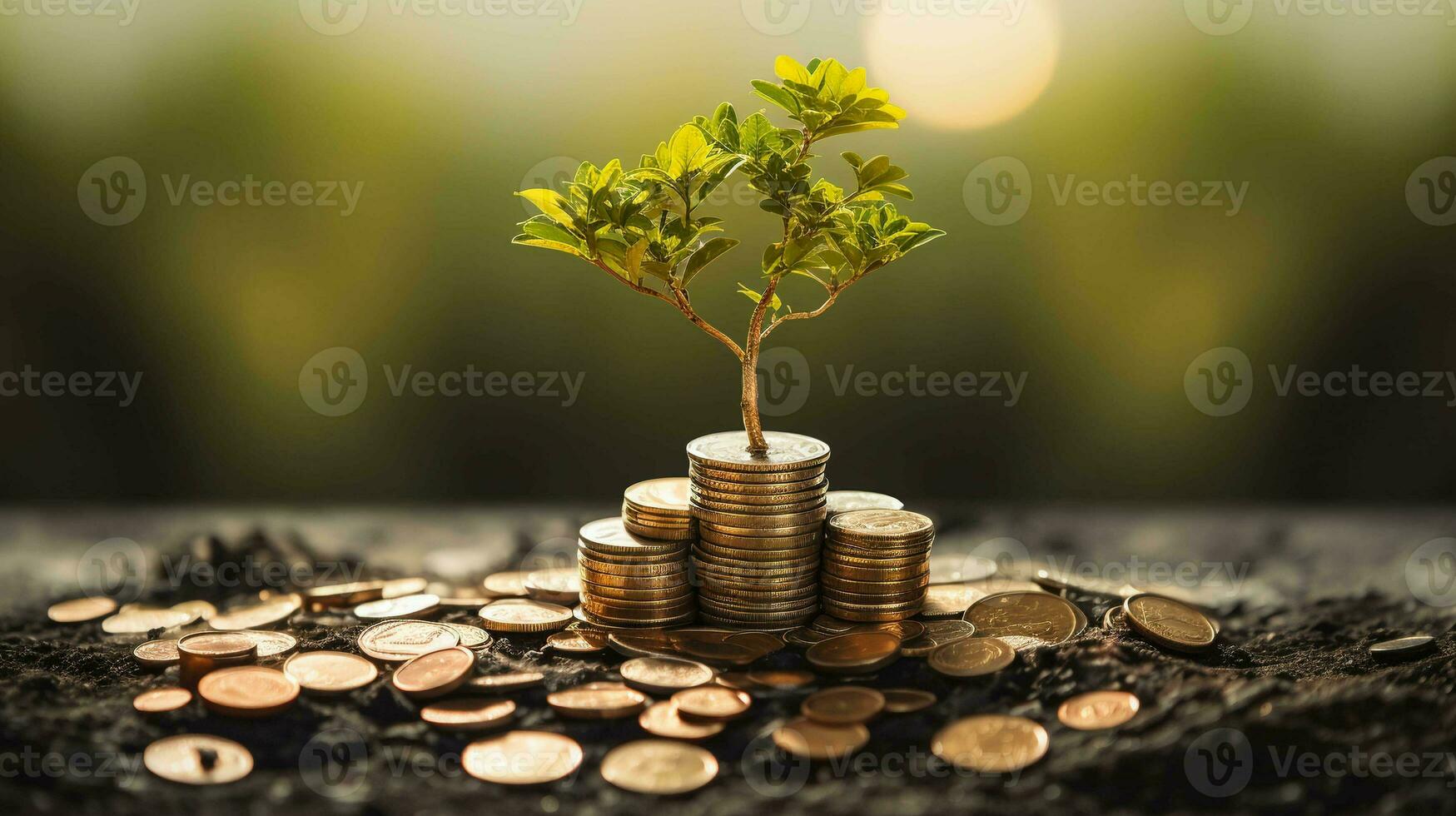 Financial Growth in Nature. Tree Thrives on a Bed of Coins. Ideal for Investment Concepts photo
