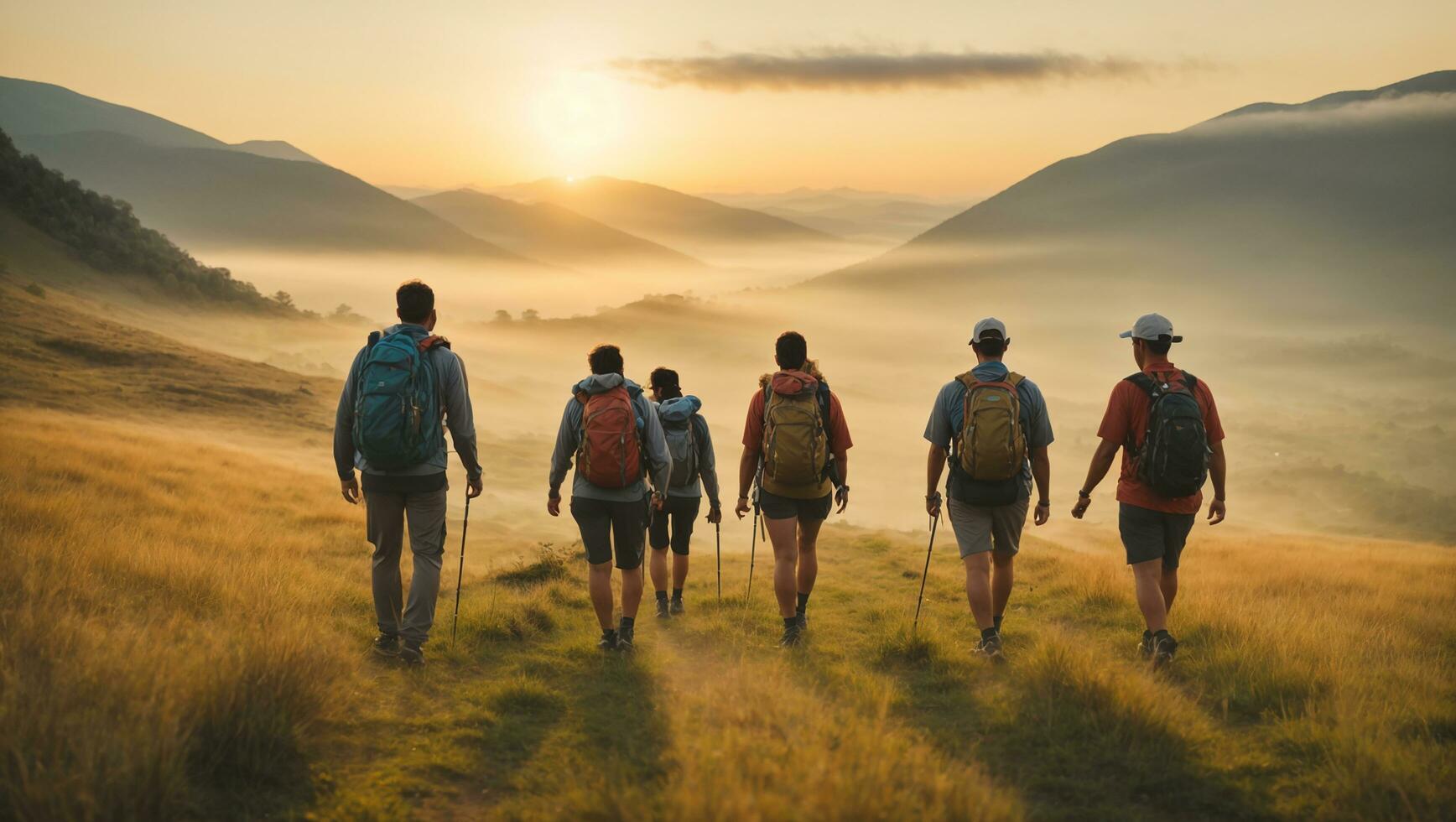 sudoroso caminando en el hermosa naturaleza. campos y colinas con césped. un sincero foto de un familia y amigos excursionismo juntos en el montañas en el vacaciones viaje semana. ai generativo