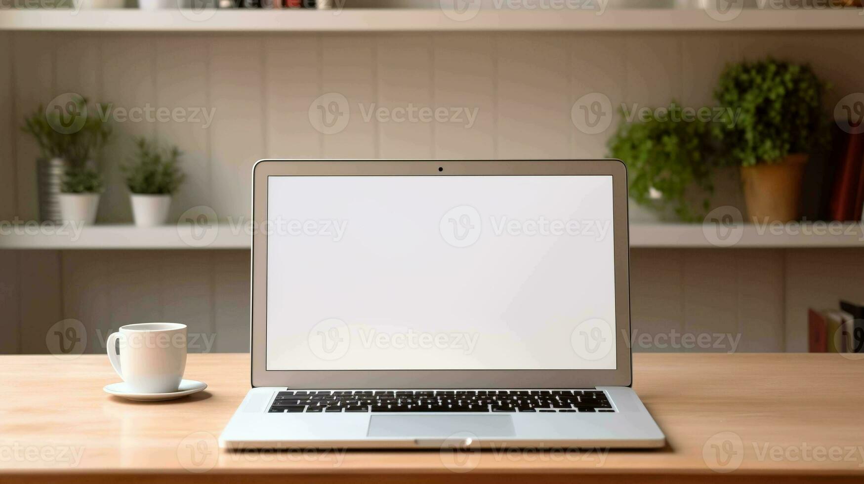 Modern laptop with blank white screen on the table photo