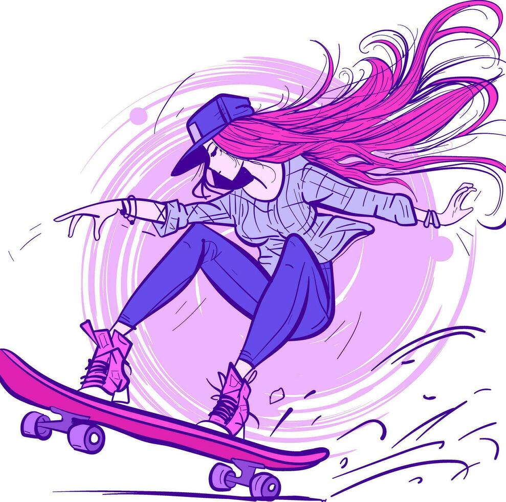 Digital artwork of a redhead girl wearing a cool urban hat and doing tricks on her skateboard. Skater with jeans performing on the board. vector