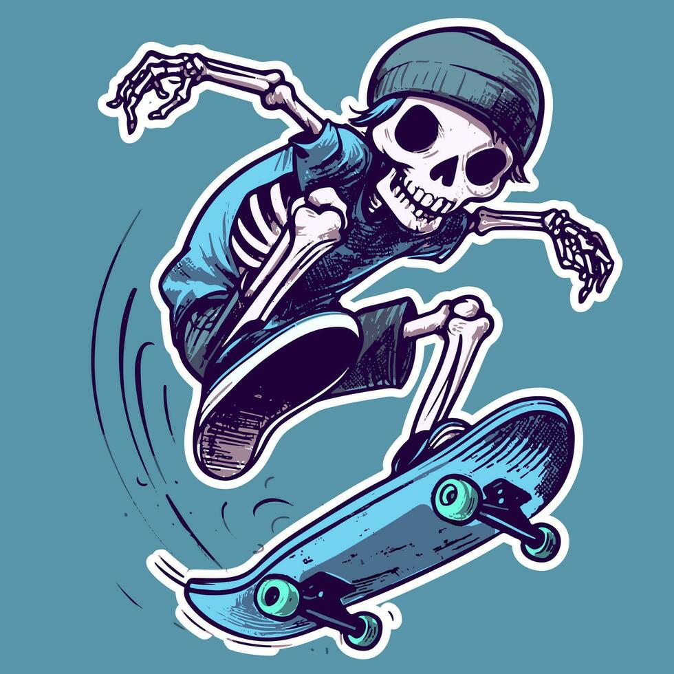 Vector art of a teenage skeleton doing tricks on a skateboard. Skater boy with a hipster hat jumping and practicing extreme sports
