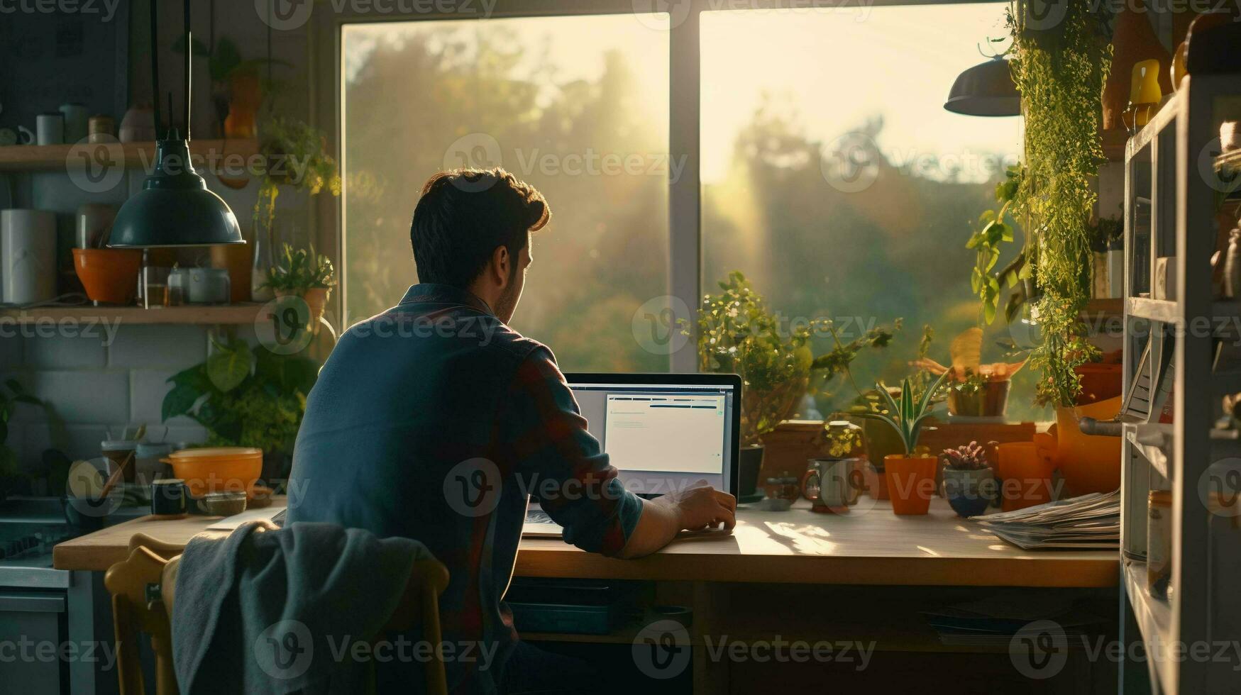 Focused man working from home on laptop in the sunny morning photo