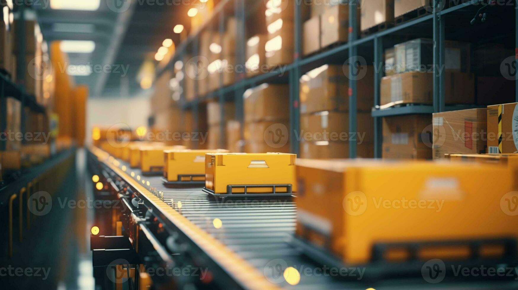 AI Enhanced Warehouse Efficiency. Modern tech at work on the conveyor belt photo