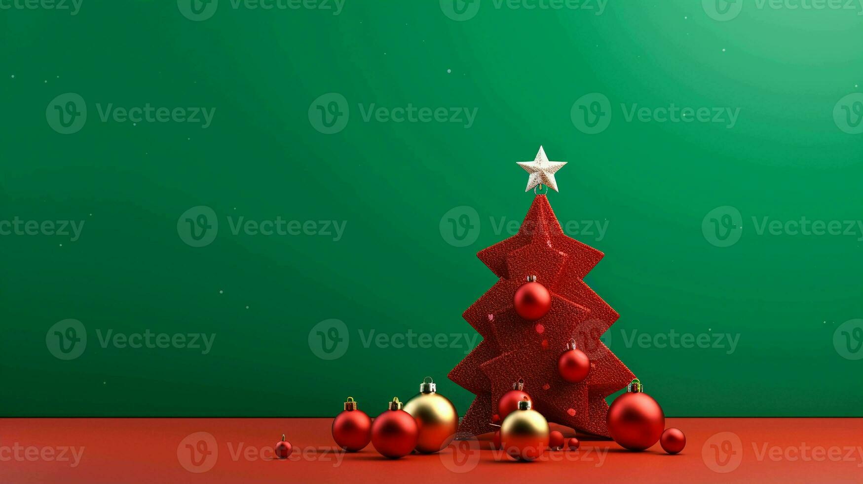 Festive Christmas Decorations and Tree. Minimalist Red Background, Joyful Holiday Atmosphere photo