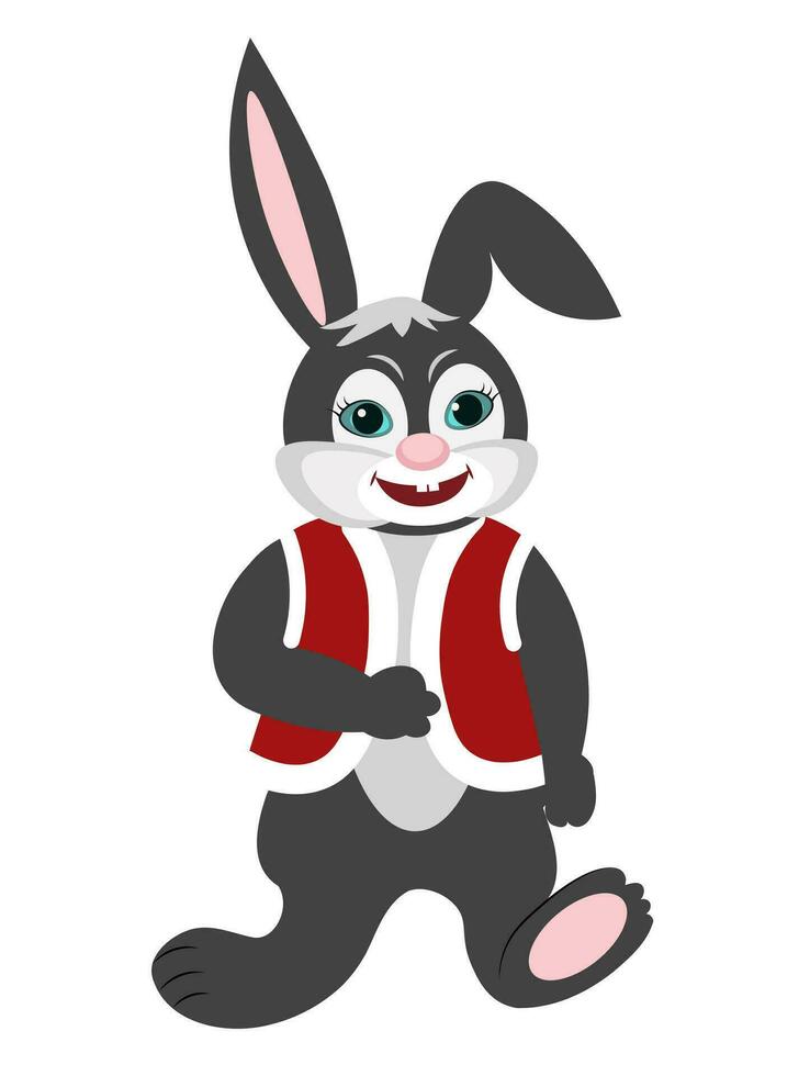 A black rabbit in a red vest. Christmas rabbit. 2023 hour of the black rabbit. Eastern calendar. Merry Christmas and Happy New Year. vector