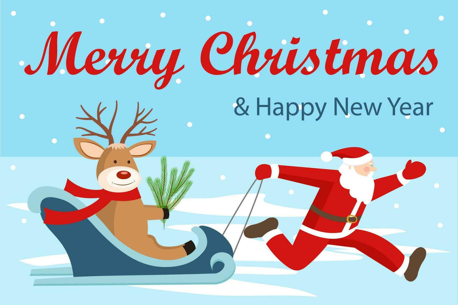 Santa Claus takes a reindeer on a sleigh. Snowy weather. Merry Christmas and Happy New Year. vector