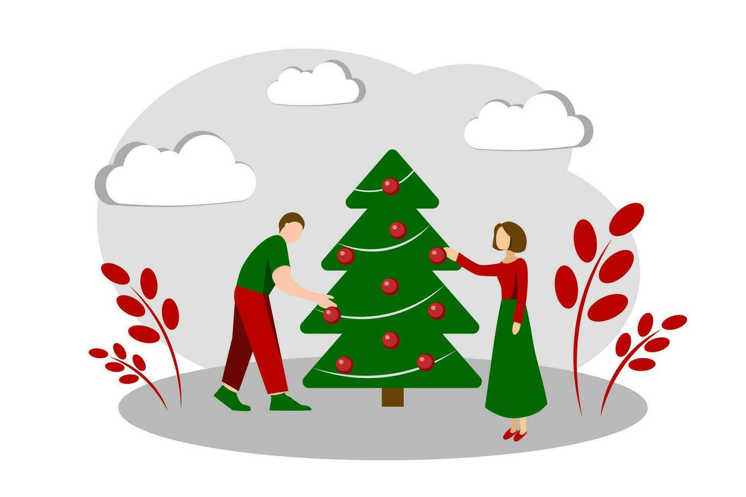 un marido y esposa Decorar un Navidad árbol. alegre Navidad y contento nuevo año. Navidad árbol decorado con rojo pelotas. vector