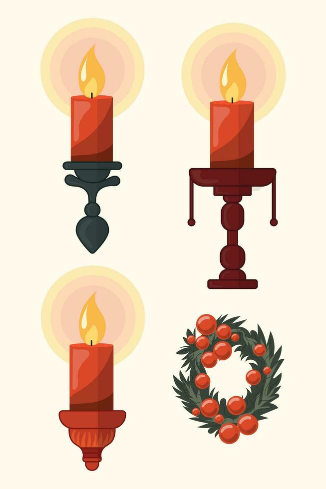 Set of Christmas candles. Red candles and Christmas wreath. Flat style. vector