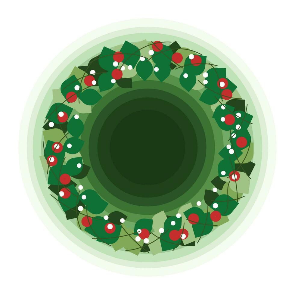 Illustration of a Christmas wreath with red berries and a green background. In flat style. vector