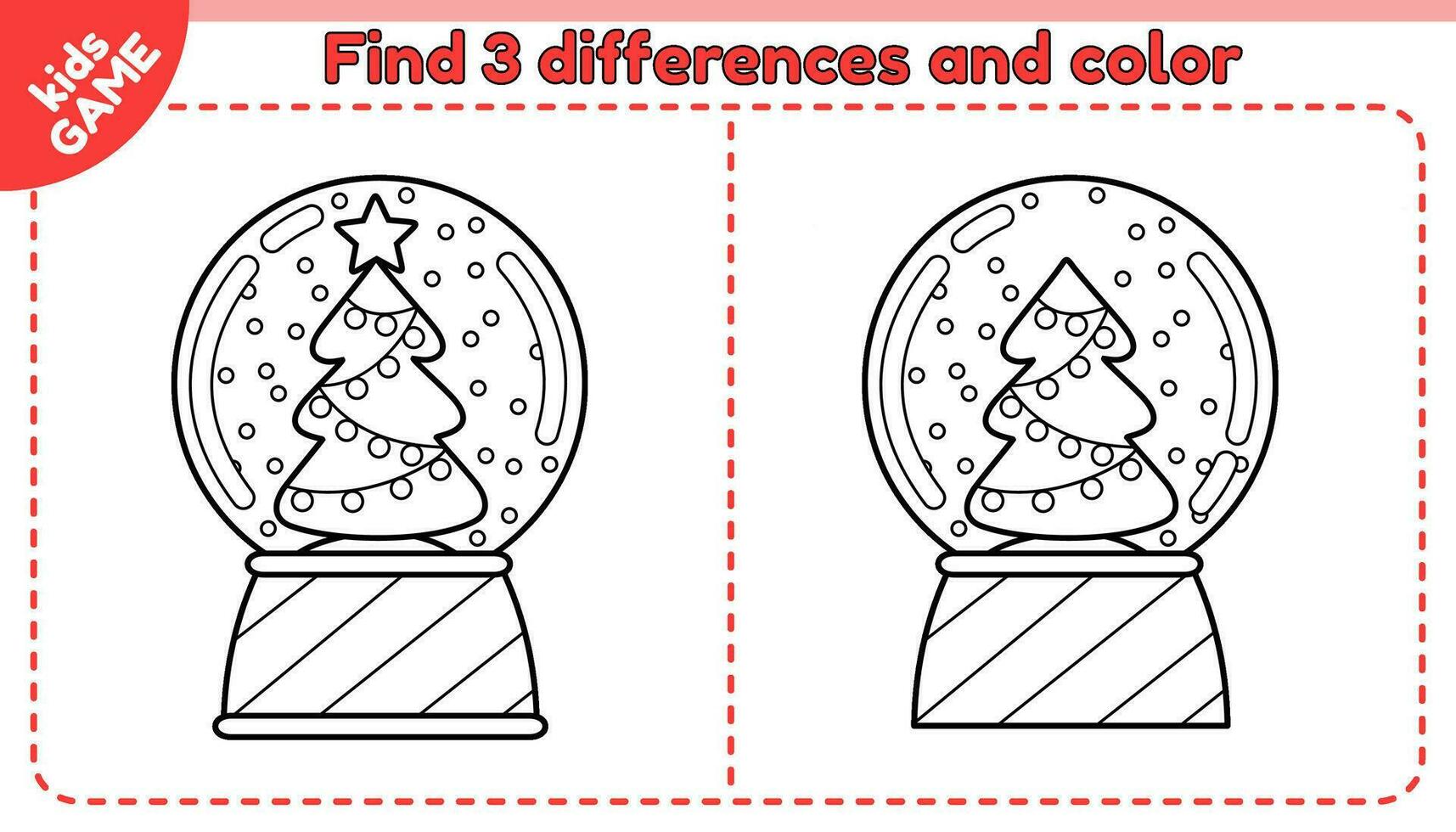 Kids educational game Find 3 differences. Cartoon snow glass ball with Christmas tree. Compare snow globes and spot different details. Coloring page for children. Black and white outline vector design