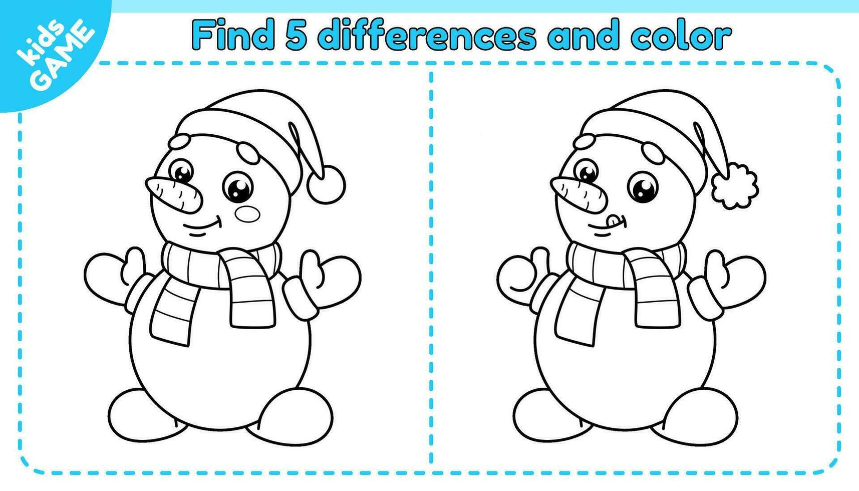 niños juego encontrar 5 5 diferencias con dibujos animados monigote de nieve en bufanda y rojo Papa Noel claus sombrero. comparar y Mancha diferente detalles. colorante página. educativo juego para niños. negro y blanco contorno vector. vector