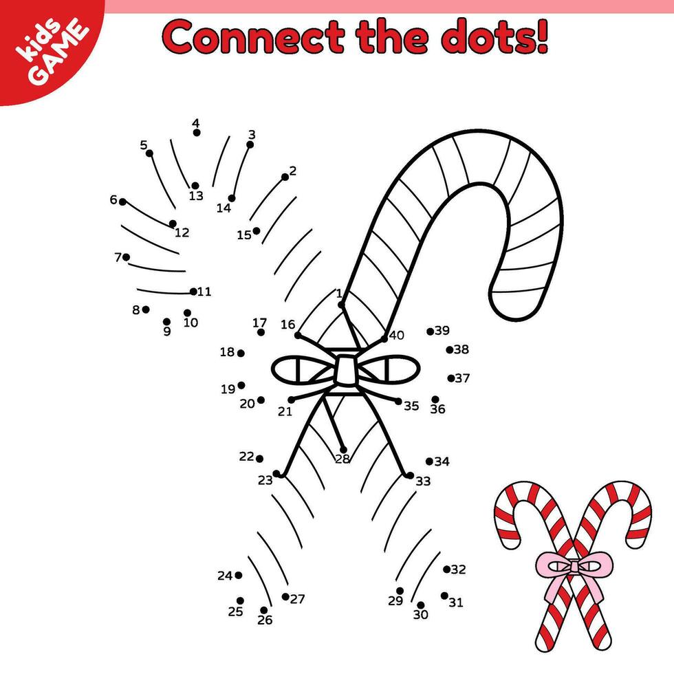 Christmas red striped candy cane. Dot to dot game for children. Connect the dots by numbers and draw a cartoon lollipop. Educational puzzle for kids. Vector illustration New Year caramel sweets.