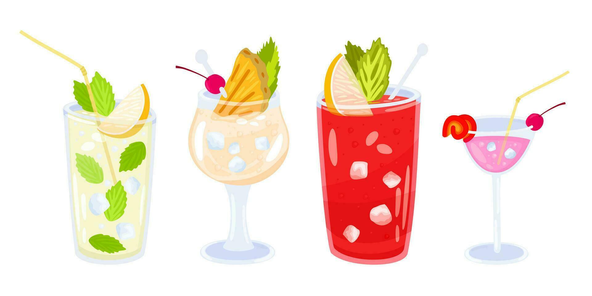 Alcohol cocktails. Vector isolated set. Mojito, pina colada, bloody mary, cosmopolitan