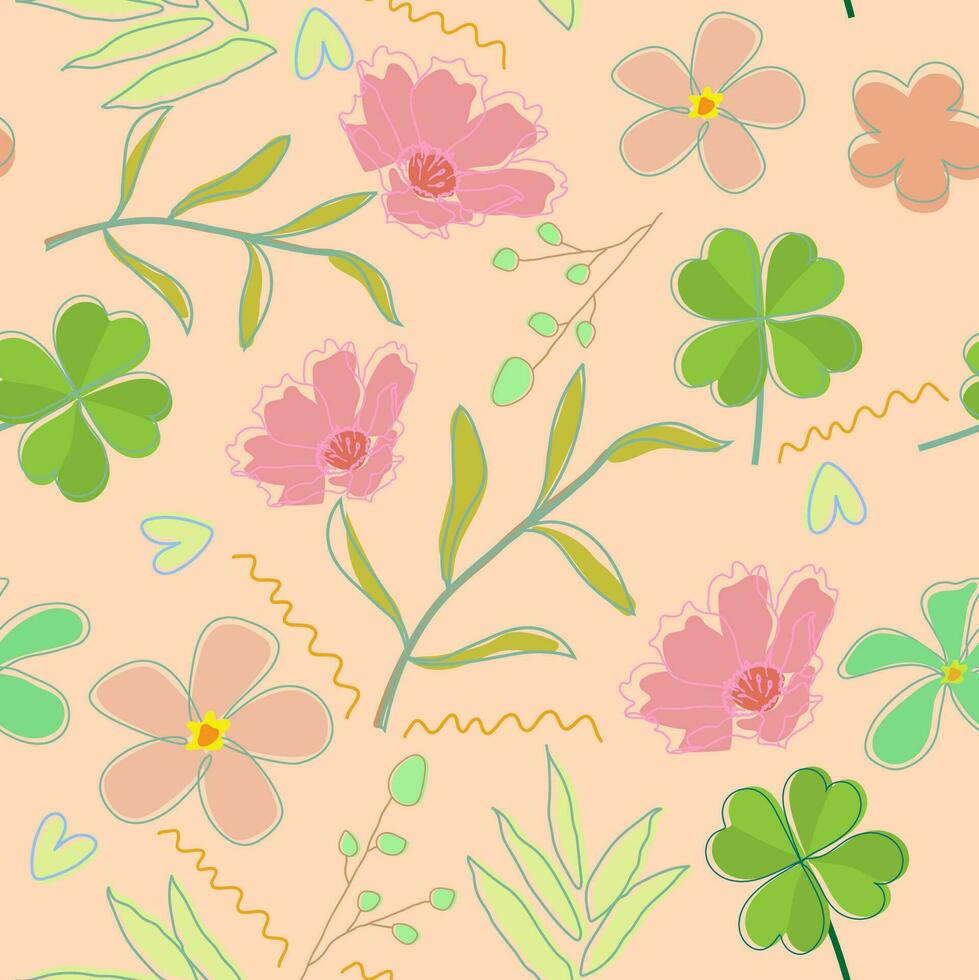 doodle blooming flower Seamless Pattern and daisy Leaf Art Design on pink Romantic Background. for fabric, paper, T-shirt. Doodle vector illustration for decor and design.