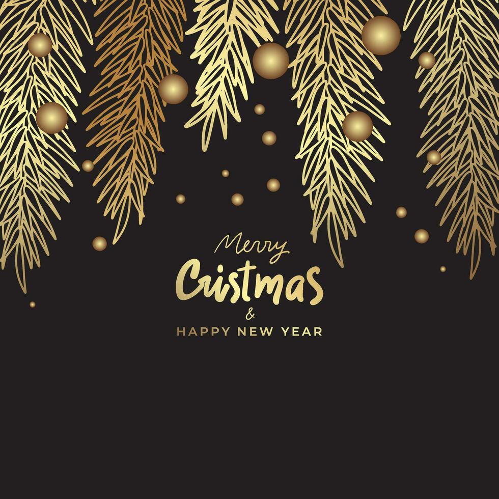 Luxury golden Christmas template for social media. Gold christmas tree, pine branches, firework, glitter, frame, lettering on black background vector