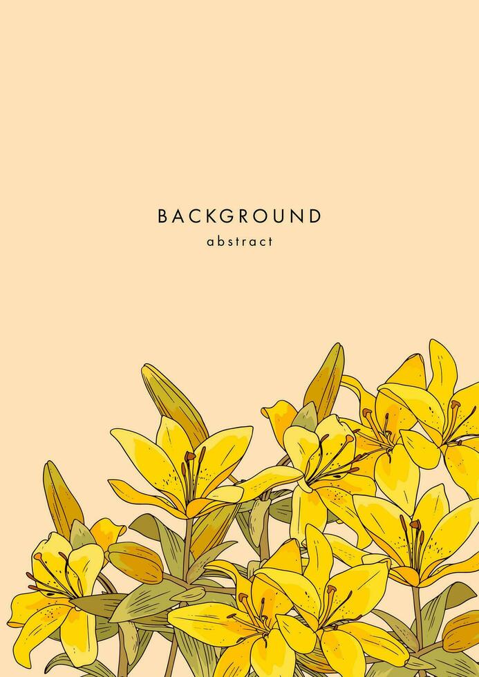 Floral template with yellow lilies on beige background. Vertical poster with vintage lily flower vector