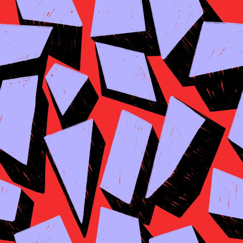 Geometric abstract seamless pattern with cubes, volumetric shapes. Hand drawn chalk pattern in red, lilac and black colors vector