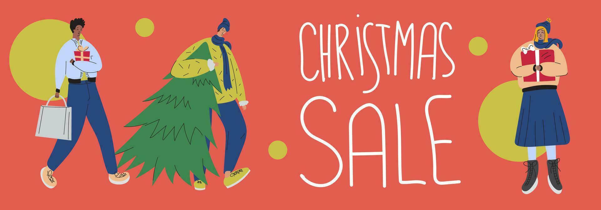 Christmas sale banner template with interracial people buy Christmas gifts. Man carries a Christmas tree. Cartoon characters with presents vector