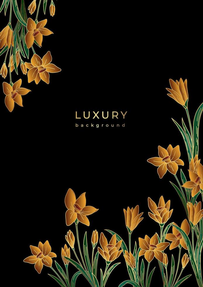 Luxury vintage poster with golden flowers. Vanilla orchid blossom frame on black background. Gold floral template vector