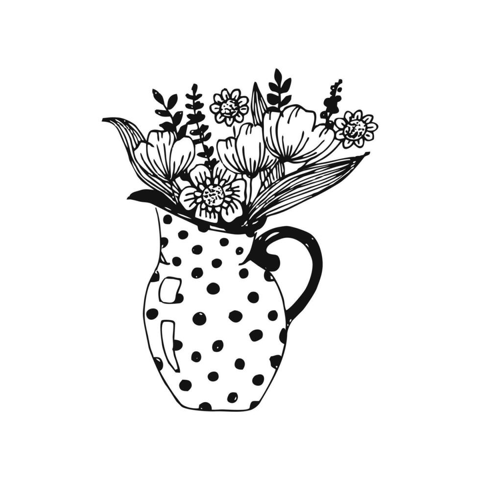 Bouquet of wild flowers in a jug vector line illustration for wallpaper, pattern fills, web page background, surface textures.