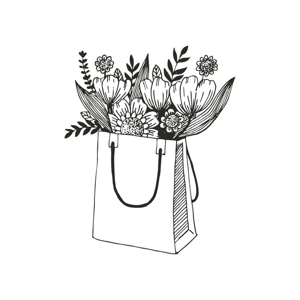 Bouquet of flowers in a paper bag vector line illustration for wallpaper, pattern fills, web page background, surface textures.