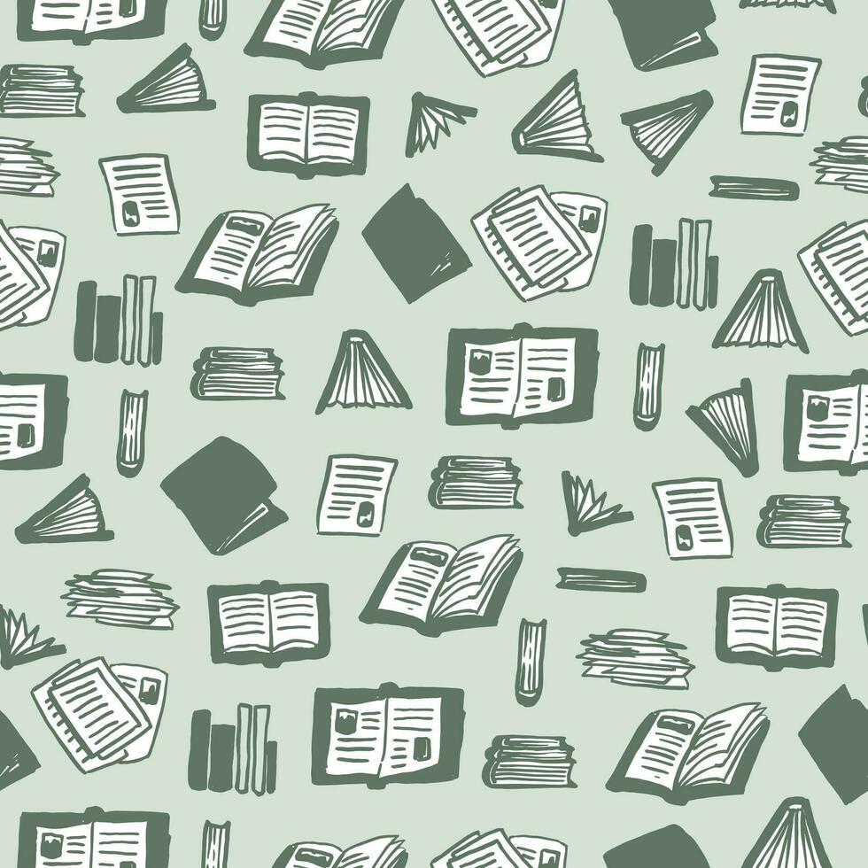 Hand drawn seamless vector pattern with open books, book spines and handwritten pages.