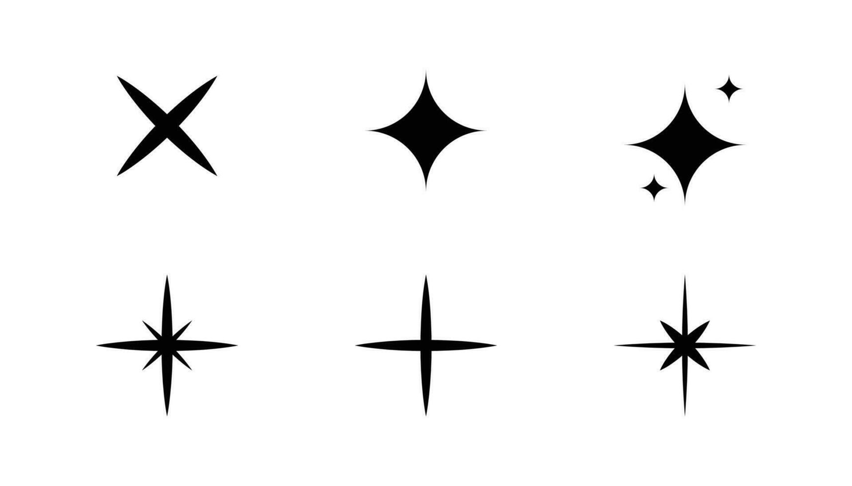 Minimalist silhouette stars icon, twinkle star shape symbols. Modern geometric elements, shining star icons, abstract sparkle black silhouettes symbol vector set