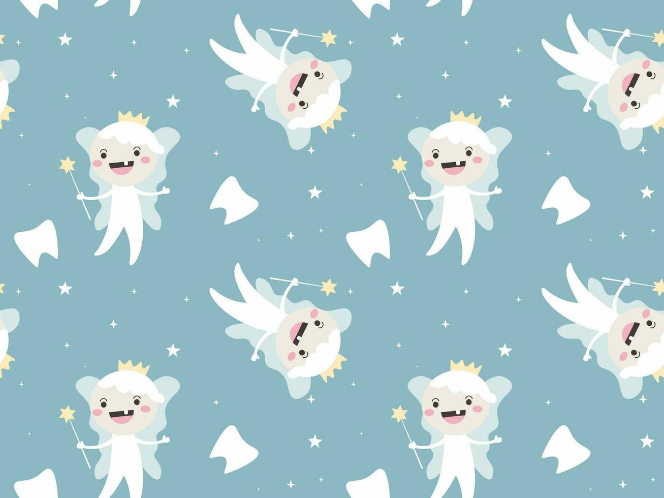 Seamless pattern Tooth Fairy with magic wand and tooth. Vector illustration