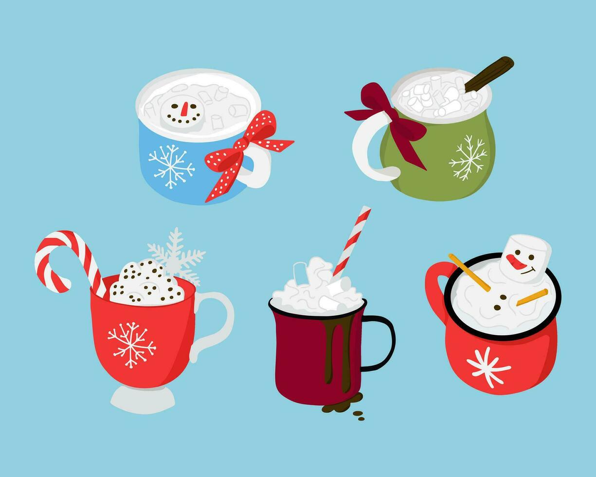 Christmas hot drinks clipart in bold flat style. Colored hand drawn isolated cups with marshmallow, candy stick and whipped cream. Holiday design for stickers, decoration, pattern vector