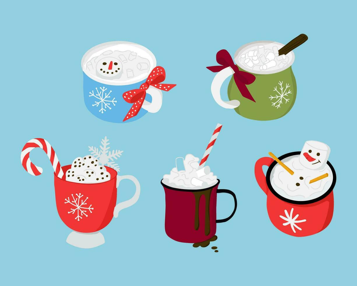 Navidad caliente bebidas clipart en negrita plano estilo. de colores mano dibujado aislado tazas con malvavisco, caramelo palo y azotado crema. fiesta diseño para pegatinas, decoración, modelo vector