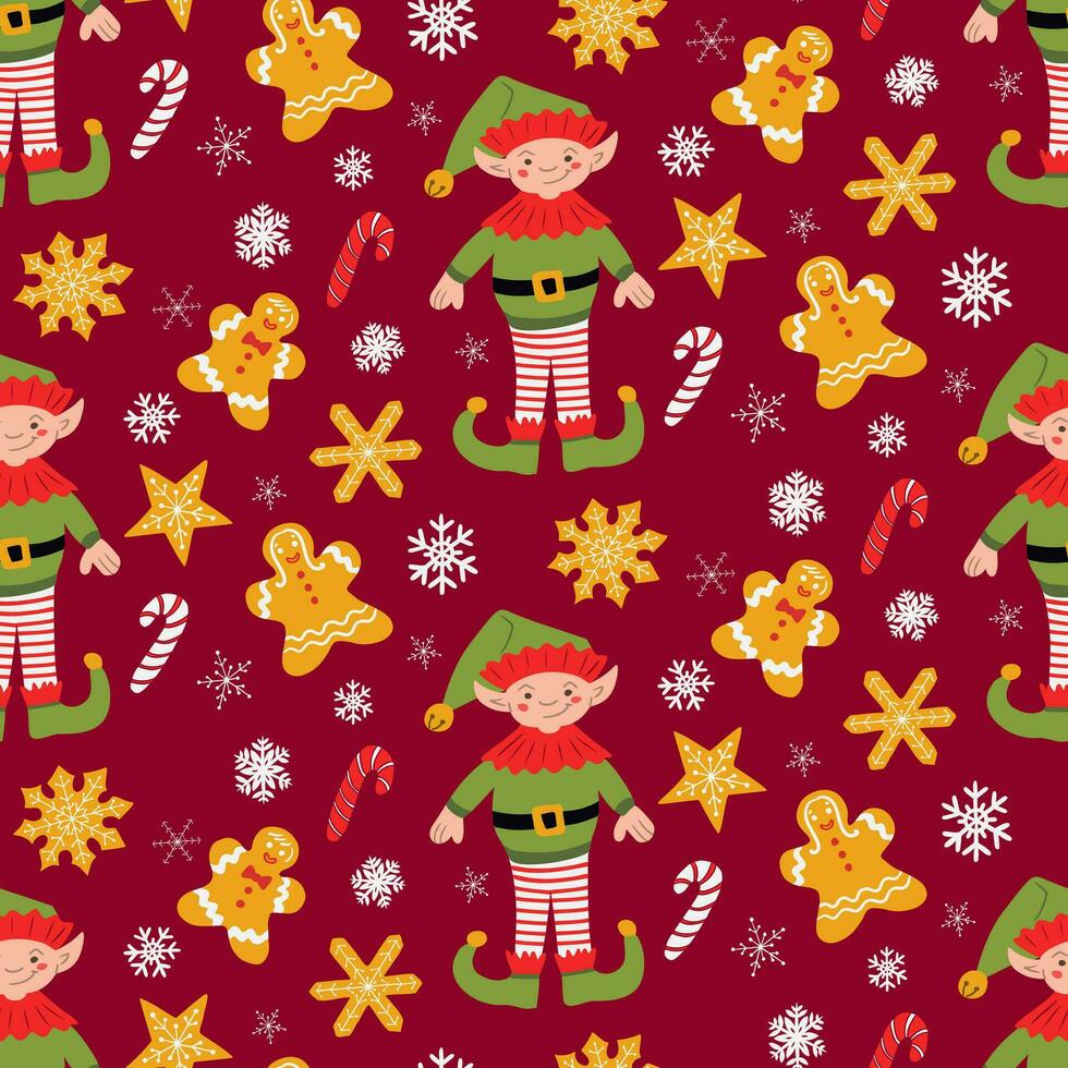 Christmas pattern with holiday Elf character and sweets. Flat cartoon character, gingerbread men and snowflakes on red background. Holiday design for for decoration, wrapping, banner vector