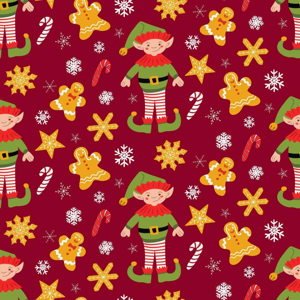 Christmas pattern with holiday Elf character and sweets. Flat cartoon character, gingerbread men and snowflakes on red background. Holiday design for for decoration, wrapping, banner vector