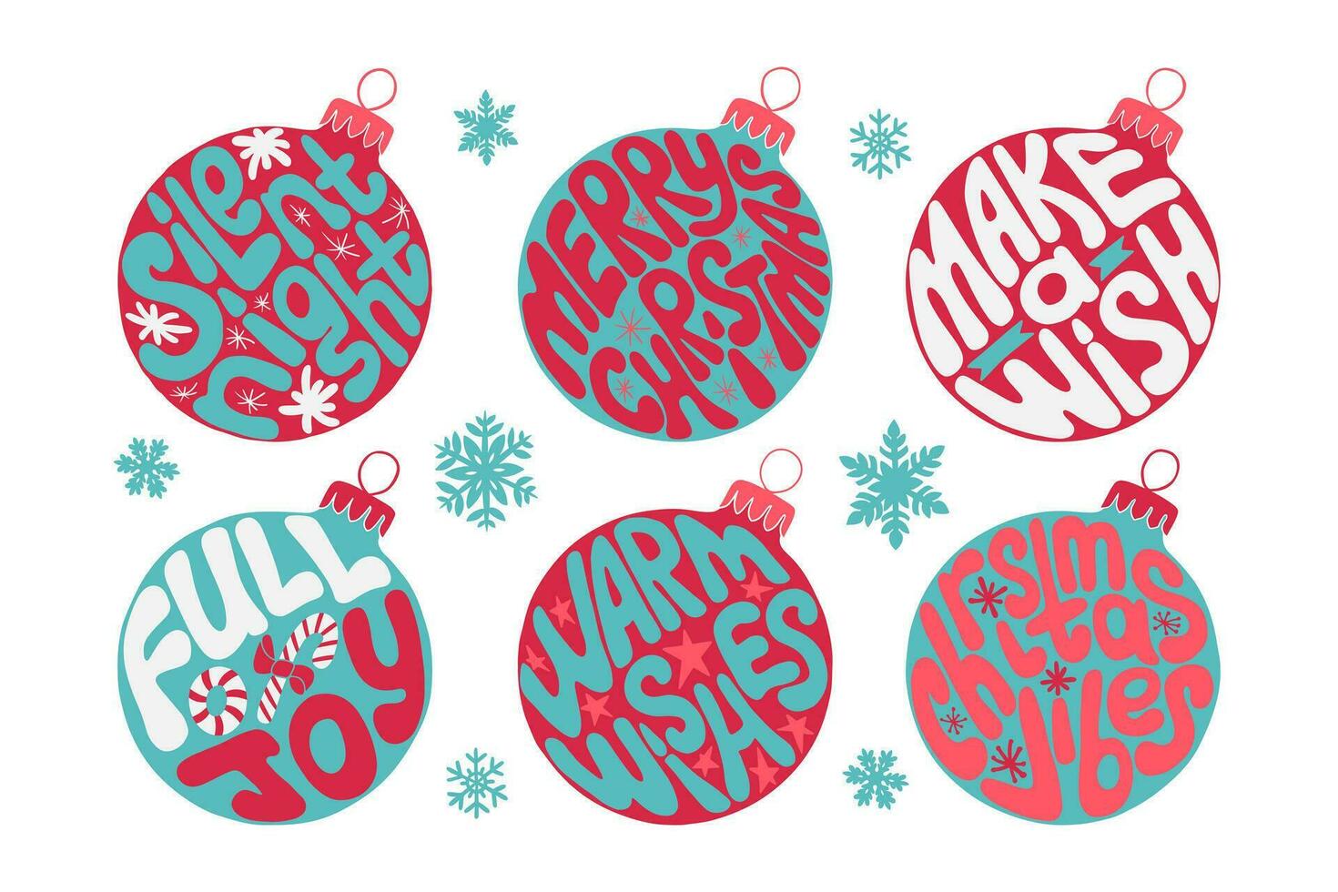 Groovy Christmas colored lettering stickers set in Christmas ball shape. Winter holiday slogans in round shape. Typographic vintage hippie compositions for printouts, stickers, holiday decoration. vector