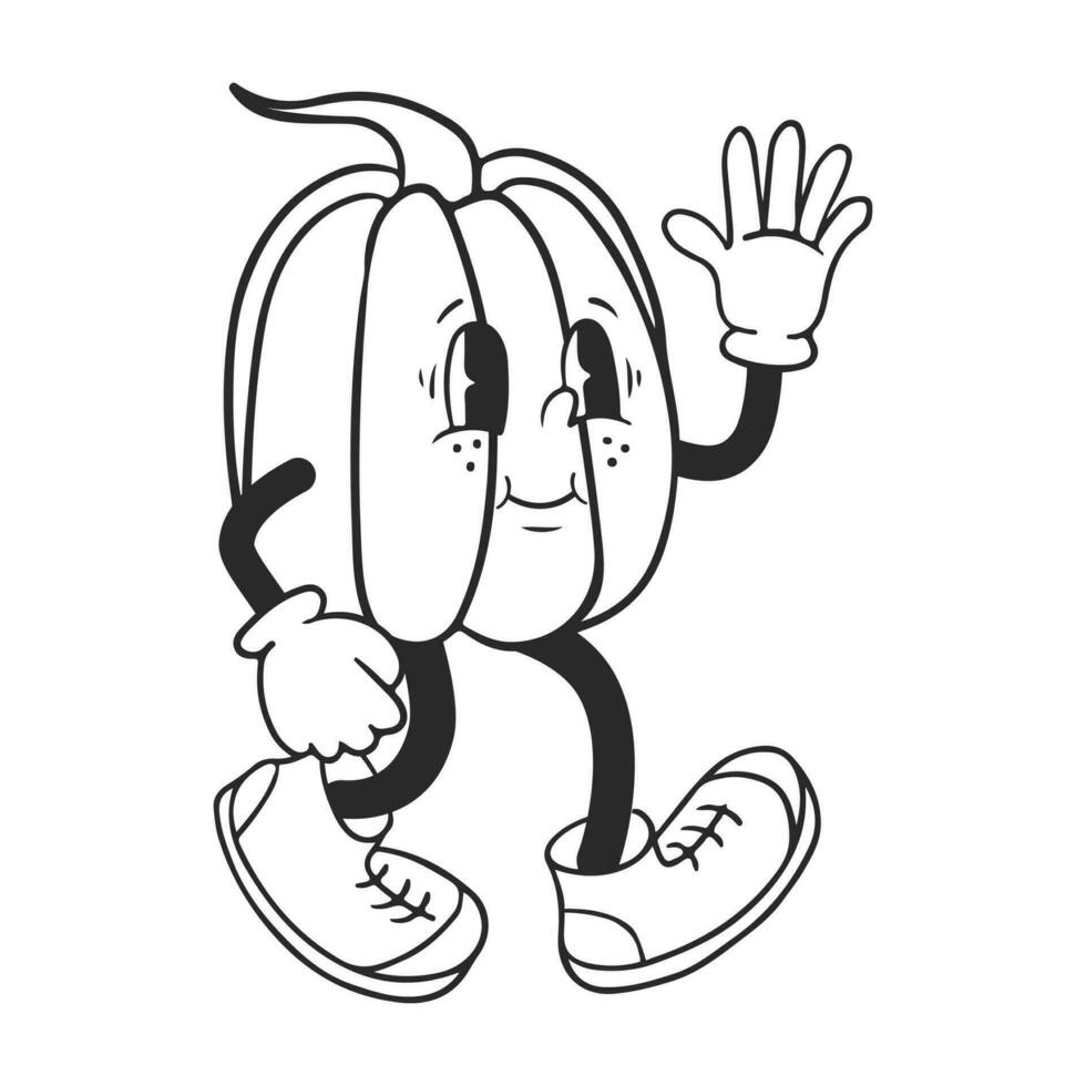 Cute old retro cartoon pumpkin character in boots. Hand drawn outline sketchy character on white background. Autumn nostalgia illustration for printout, posters, shirt print vector