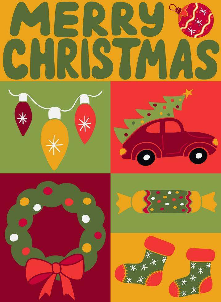 Hand drawn Christmas graphic minimalistic poster. Flat winter holiday elements in bold minimalistic style. Perfect for social media, graphic poster, card, background, printout, pattern, shirt print vector