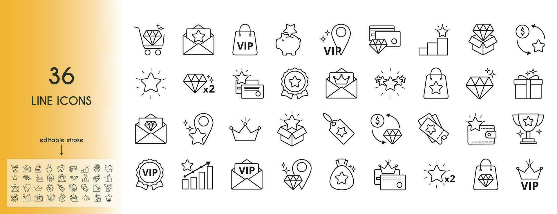 Exclusive benefits icon set. Diamond, star, trophy, piggy bank, voucher, credit card, crown, vip, gift, vector illustration.