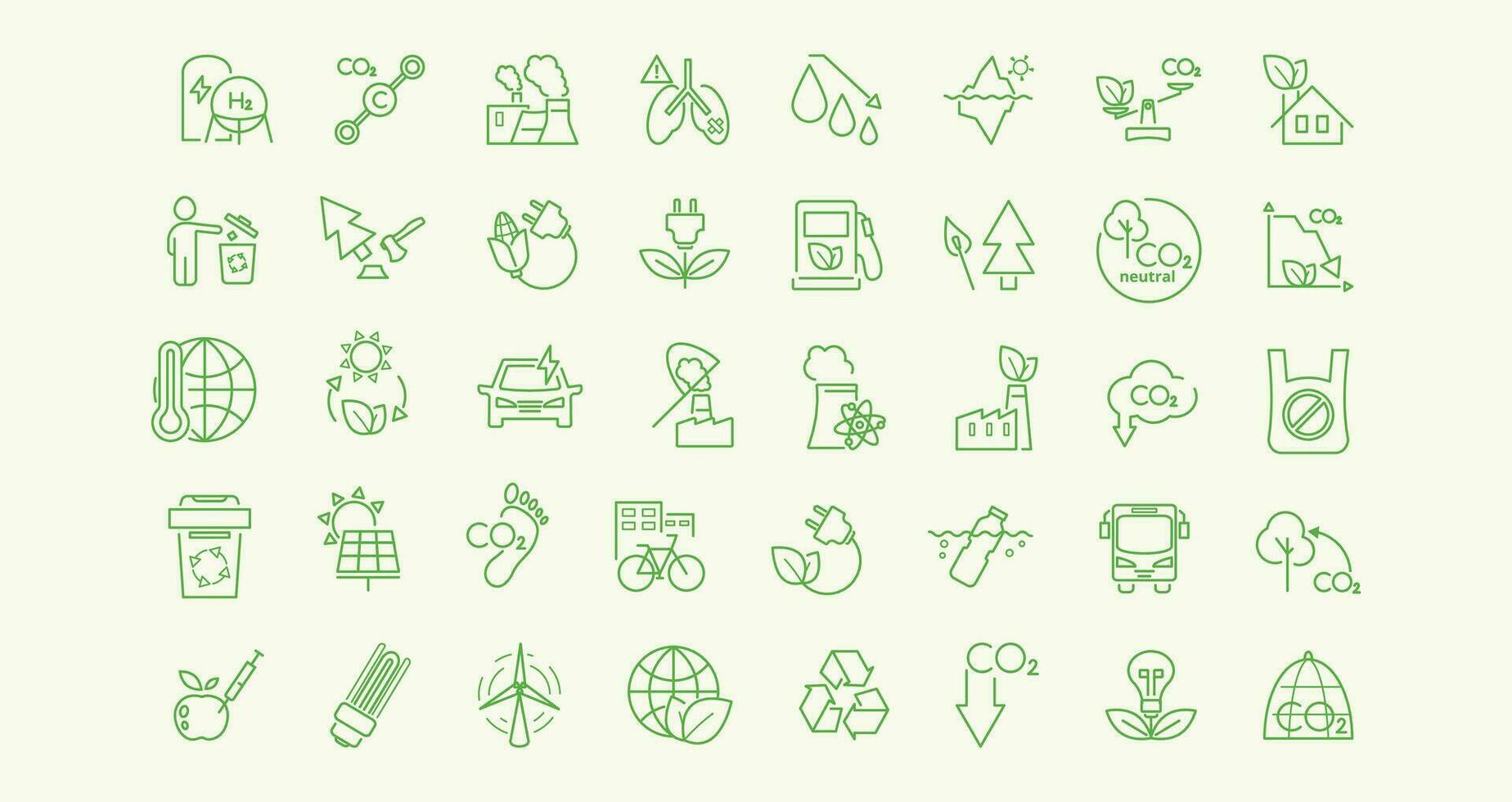 Ecology related line icon set. hydrogen, energy, co2 molecule, lungs, air, carbon capture, climate, deforestation, ocean pollution, plastic, biofuels, gmo vector illustration. Editable stroke