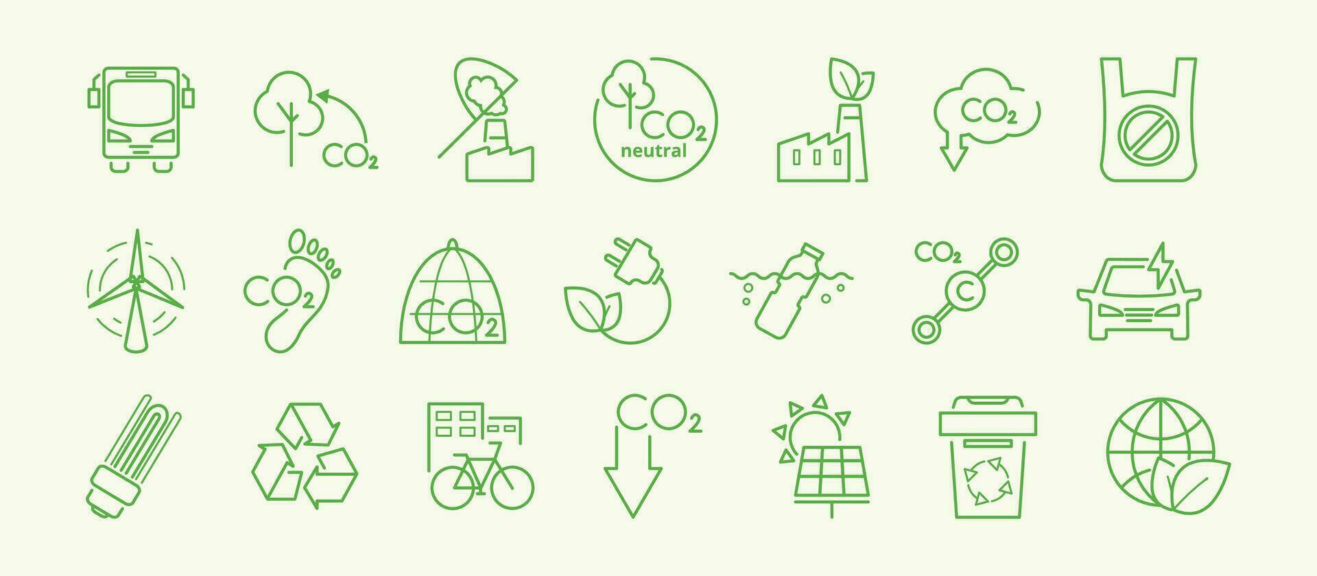 Capture co2 emission line icon set. wind turbine, bicycle,light bulb, carbon footprint, ocean cleanup, co2 molecule, recycling, public transportation, green factory vector illustration.Editable stroke