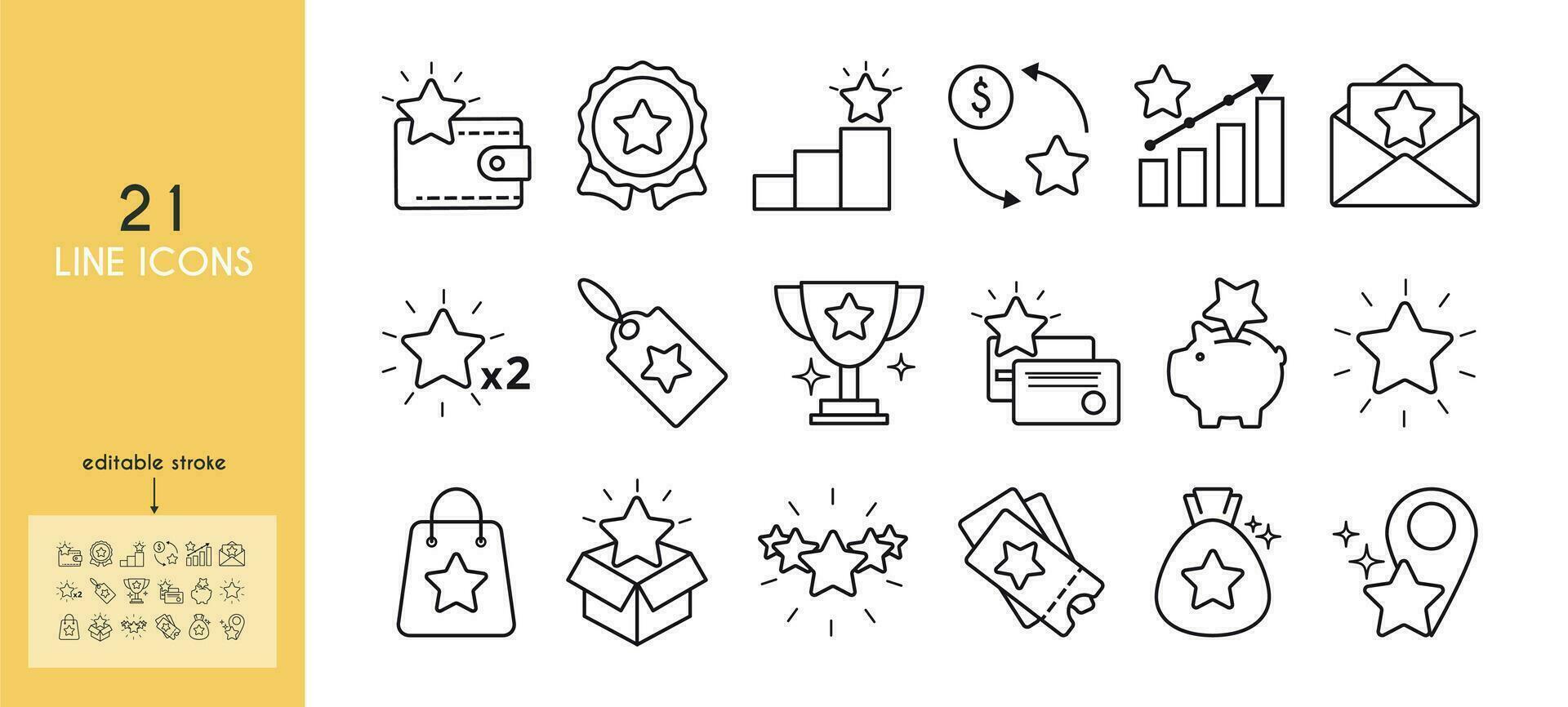 Exclusive benefits line icon set. Star, money, order, piggy bank, cup, letter, credit card, coupon, wallet, doubling, rating, bag, location, box, gift bag vector illustration. Outline sings. Editable