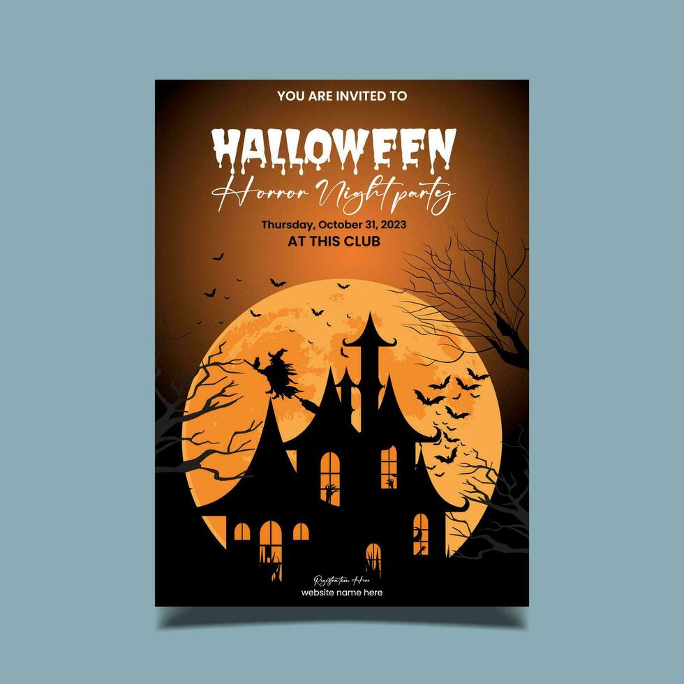 Halloween vertical background with pumpkin, haunted house and full moon. Flyer or invitation template for Halloween party. Vector illustration.