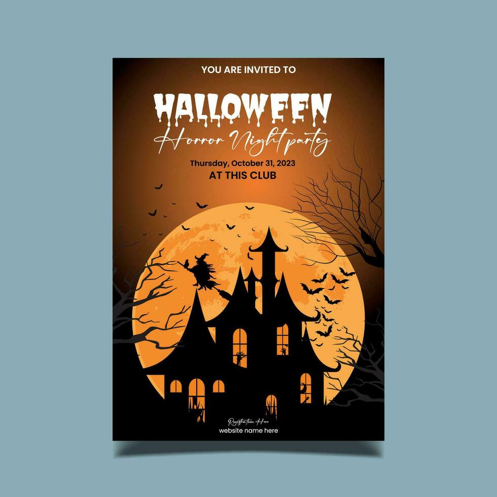 fondo vertical de halloween con calabaza, casa embrujada y luna llena. folleto o plantilla de invitación para la fiesta de halloween. ilustración vectorial vector