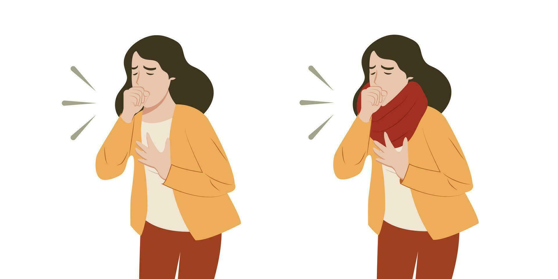 True and false sneezing and coughing woman character. Woman coughing in arm, elbow and hand. Prevention against viruses and infections. vector