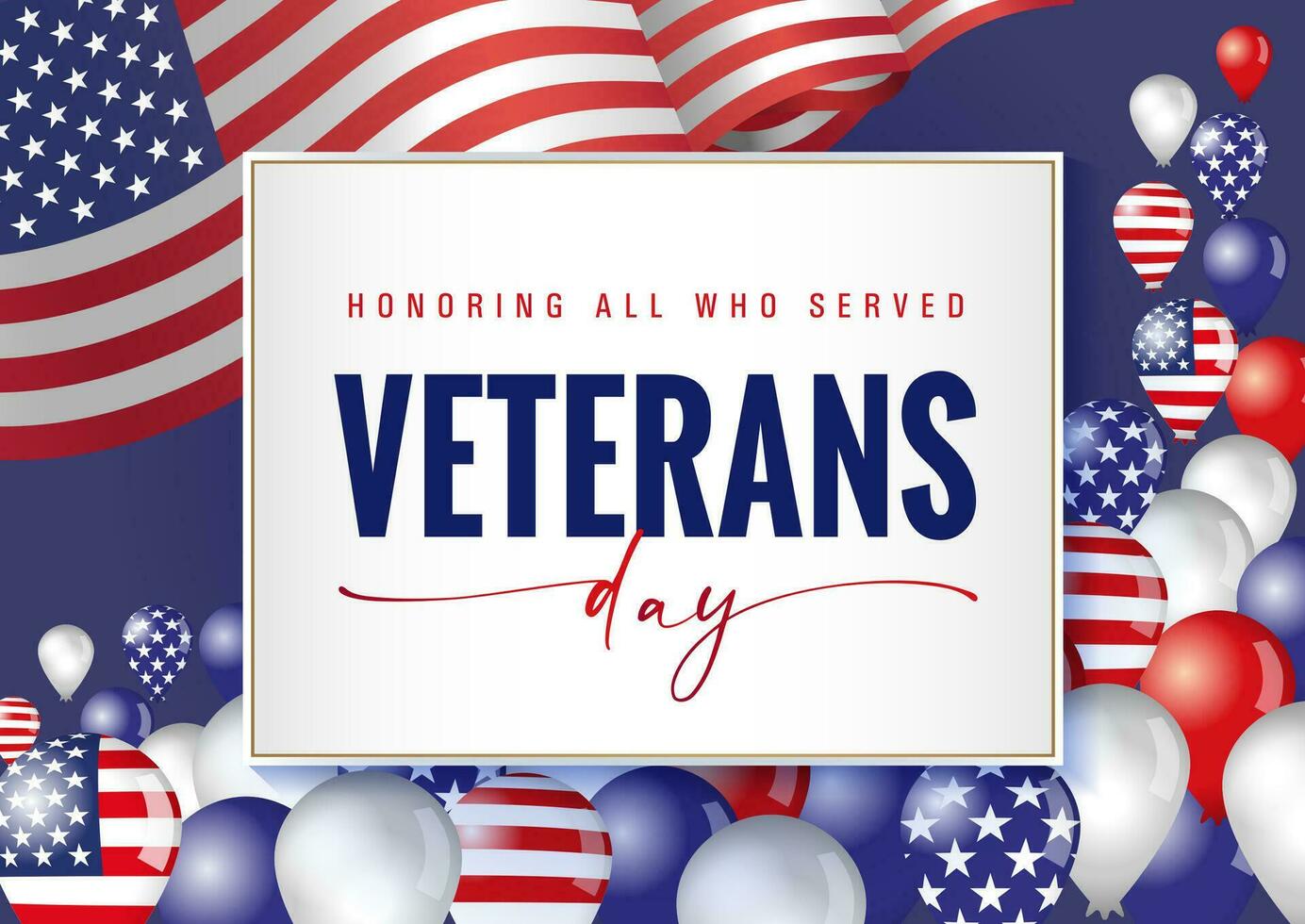 Veterans Day USA banner with 3D US flag and balloons vector