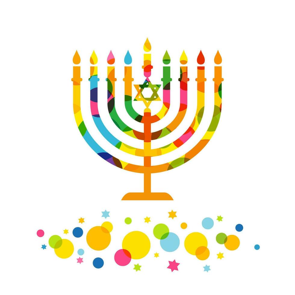 Symbol of Hanukkah with colored confetti and stars. Jewish festival of lights, menora candle icon. vector