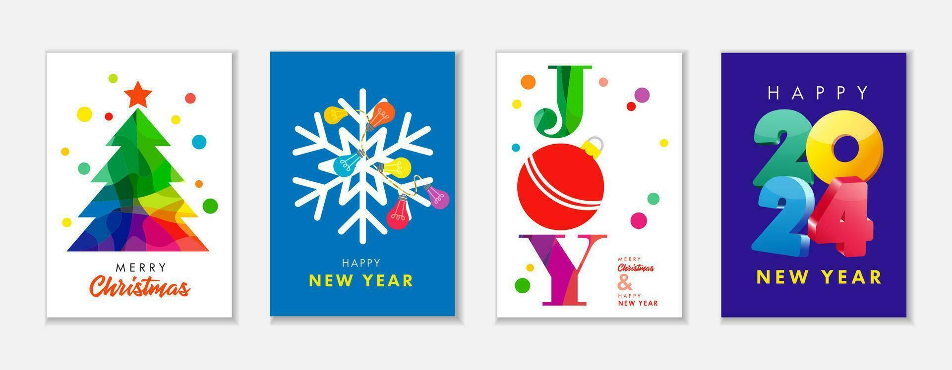 Creative Merry Christmas and Happy New Year 2024 greeting cards set. Vector illustration concepts.