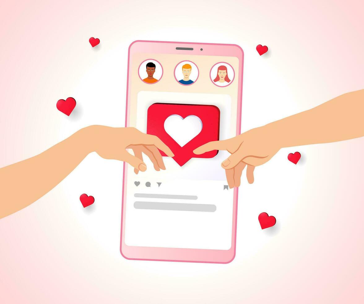 manos alcanzando fuera a tocar, creación de Adán - San Valentín día social medios de comunicación concepto. teléfono inteligente con social red interfaz, usuario íconos y manos vector