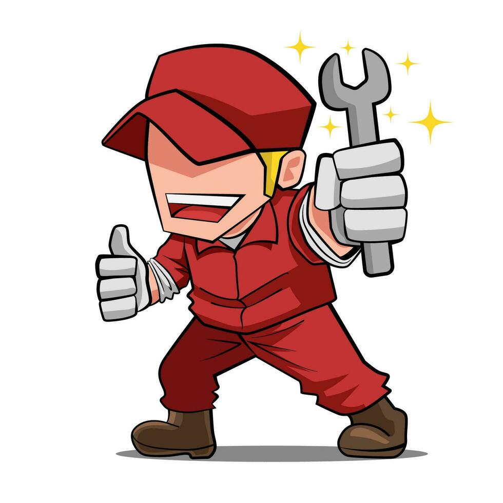 Mechanic Man Wearing Red Uniform cartoon character mascot holding a wrench Illustration vector