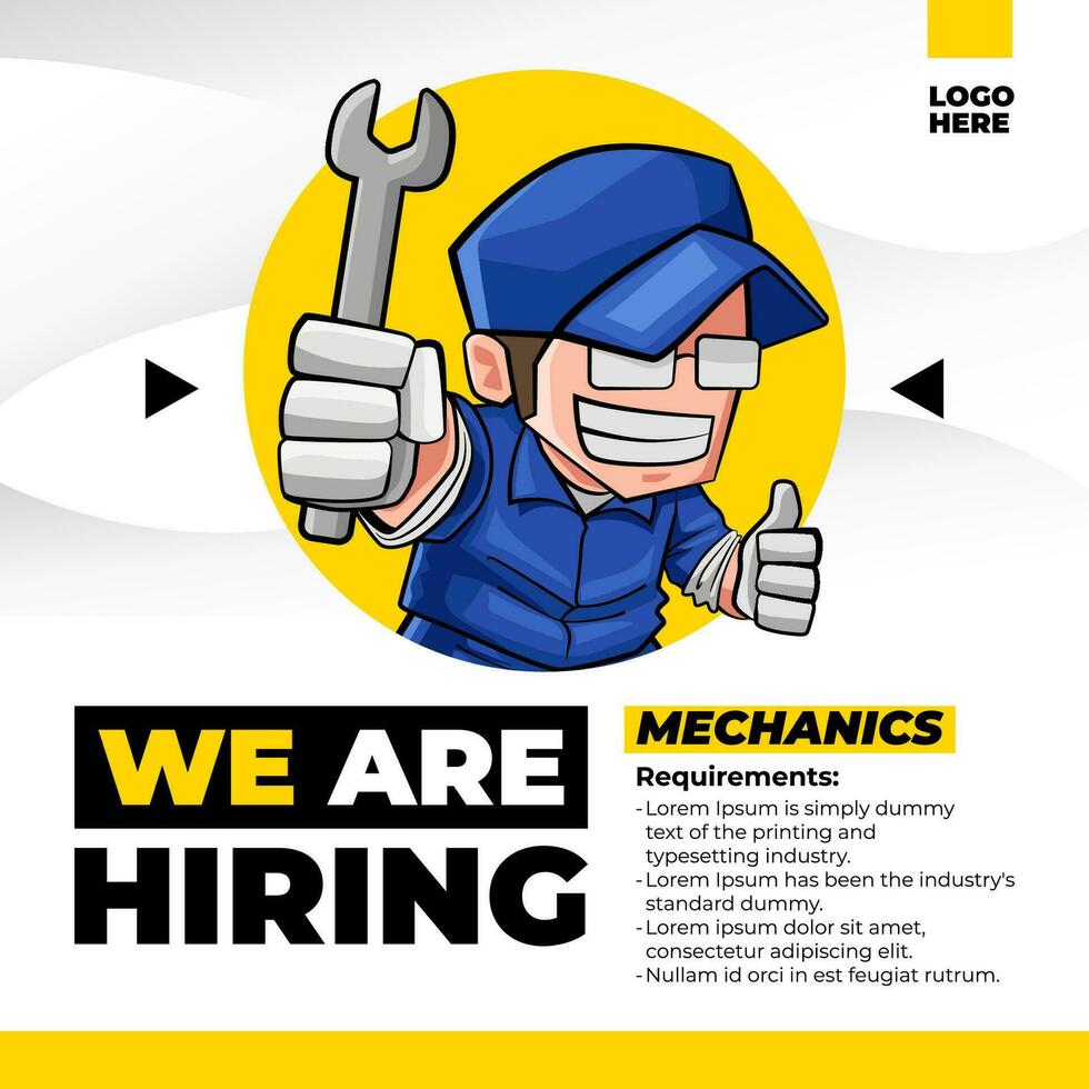 We Are Hiring Job Vacancy for Mechanic With Character Holding a Wrench Illustration vector