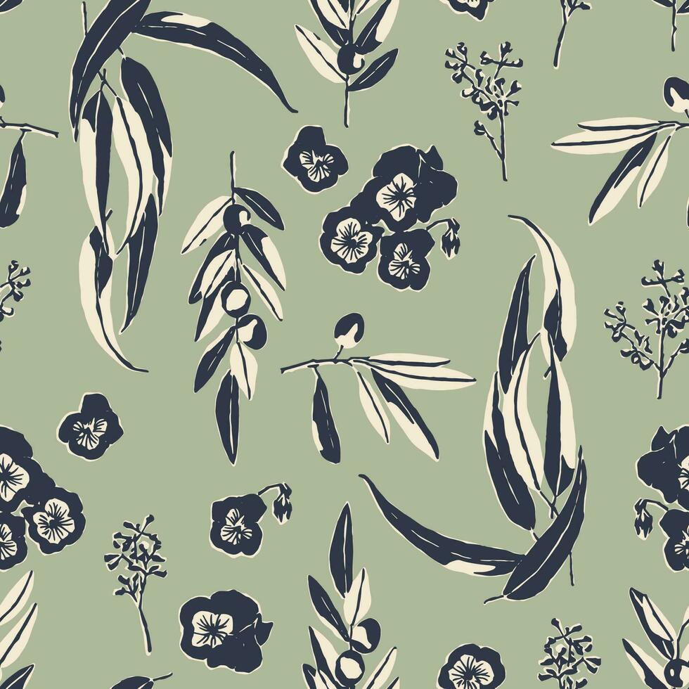 Vector leaf and flower hand drawing illustration seamless repeat pattern